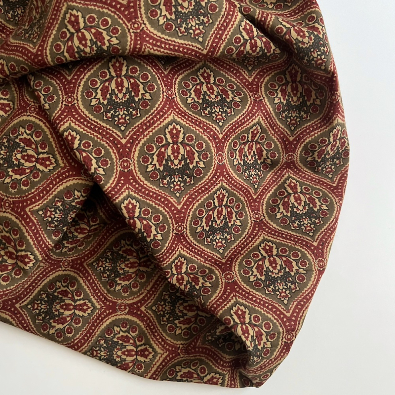 Tissu indien coton hand block traditionnel kaki / bordeau Batikou - 1