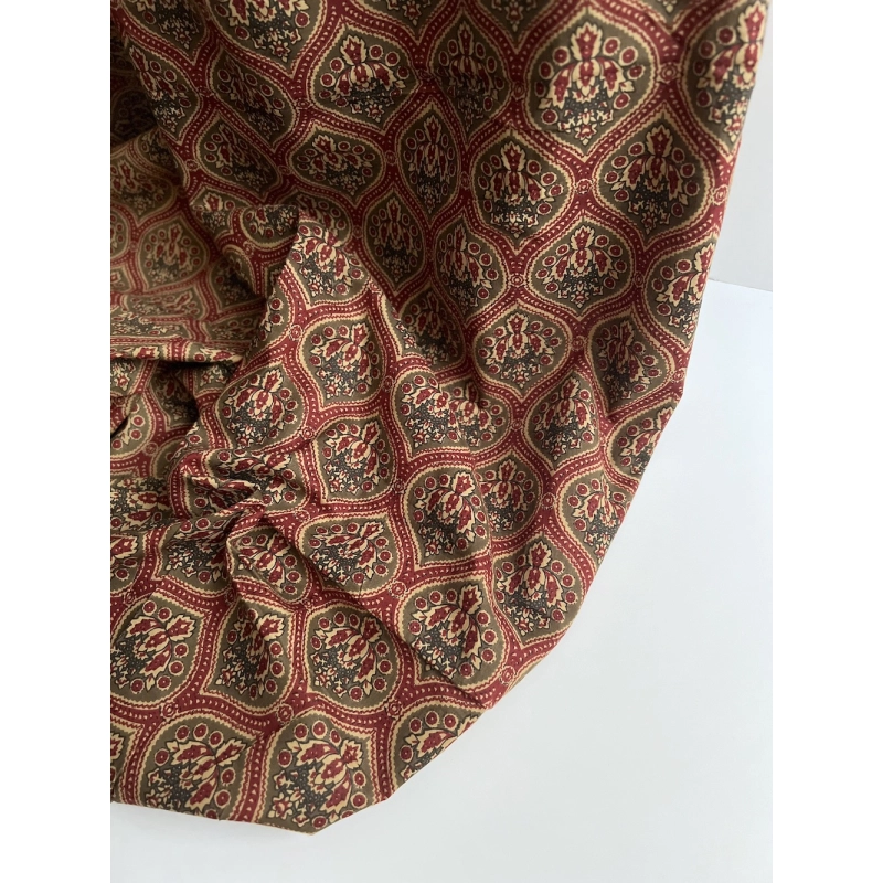 Tissu indien coton hand block traditionnel kaki / bordeau Batikou - 3
