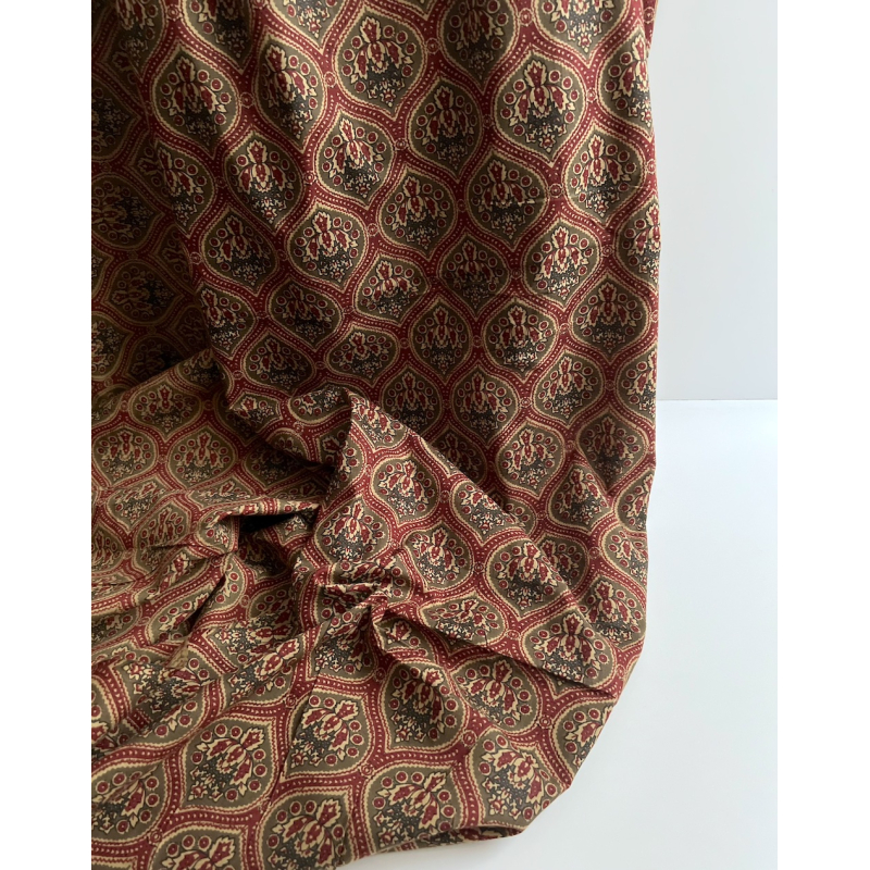 Tissu indien coton hand block traditionnel kaki / bordeau Batikou - 4