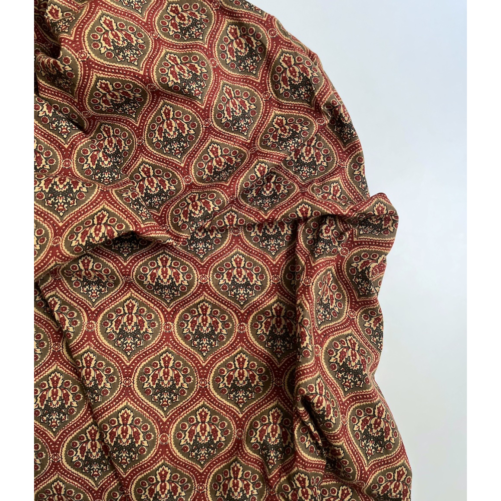 Tissu indien coton hand block traditionnel kaki / bordeau Batikou - 5