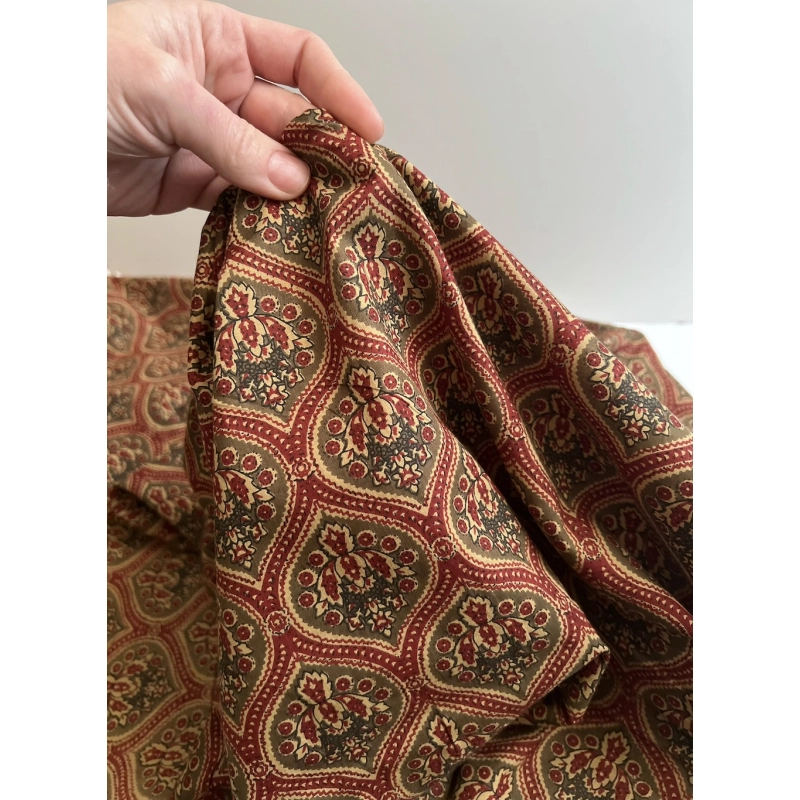 Tissu indien coton hand block traditionnel kaki / bordeau Batikou - 6