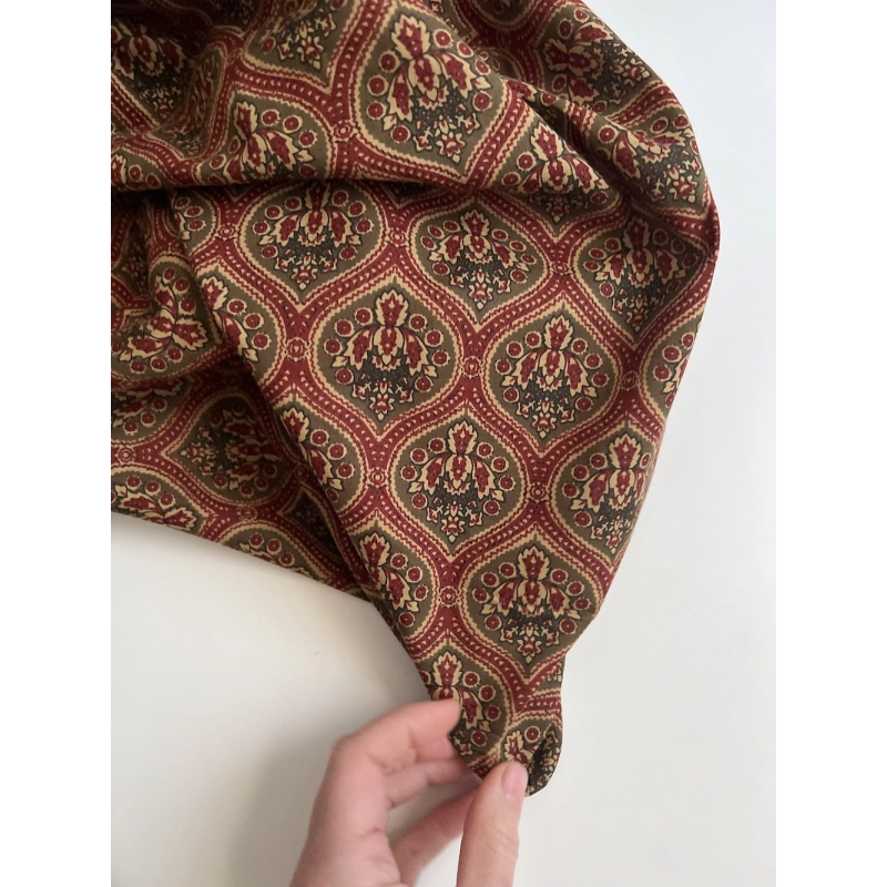 Tissu indien coton hand block traditionnel kaki / bordeau Batikou - 7