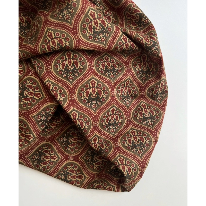 Tissu indien coton hand block traditionnel kaki / bordeau Batikou - 8