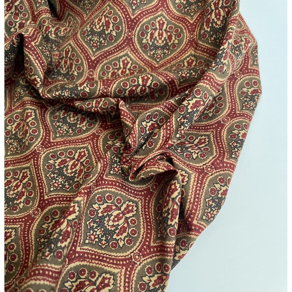 Tissu indien coton hand block traditionnel kaki / bordeau Batikou - 9
