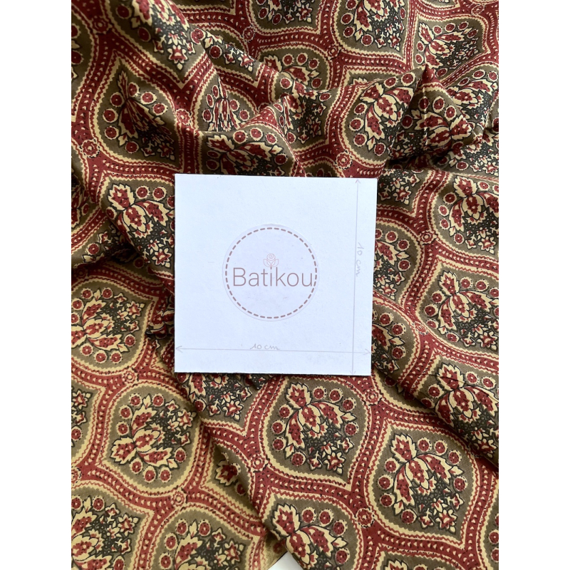 Tissu indien coton hand block traditionnel kaki / bordeau Batikou - 10