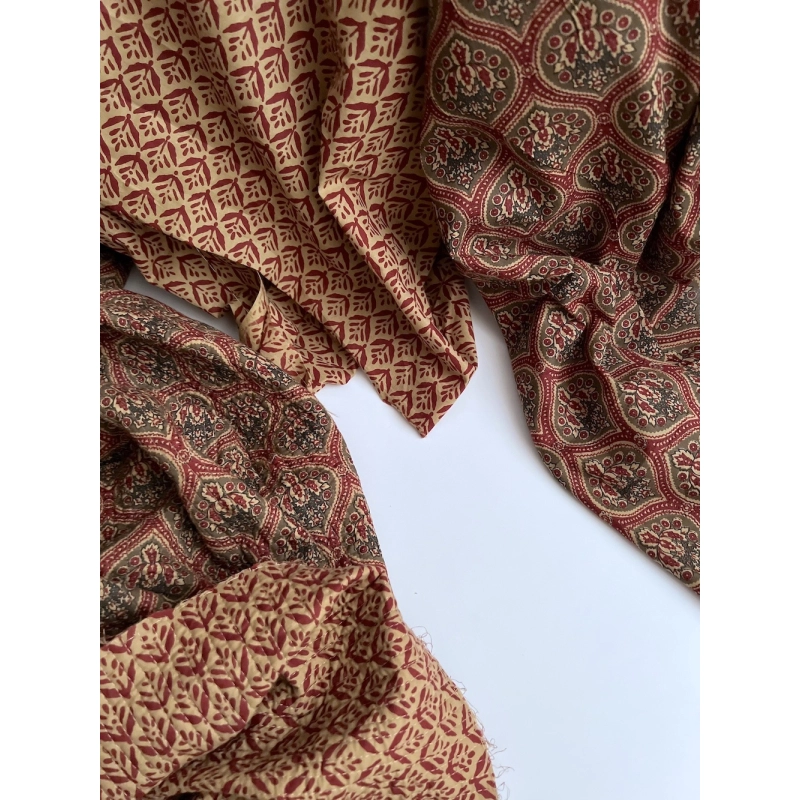 Tissu indien coton hand block traditionnel kaki / bordeau Batikou - 11