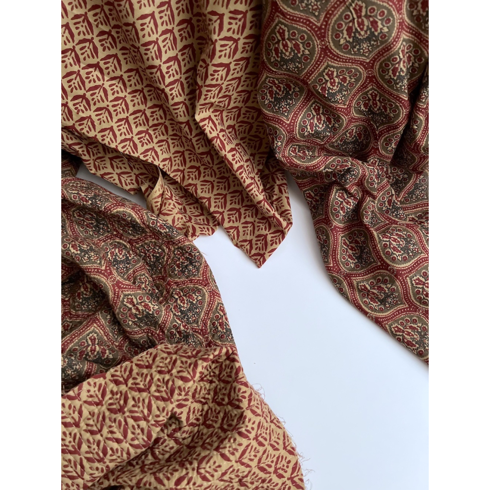 Tissu indien coton hand block traditionnel kaki / bordeau Batikou - 11