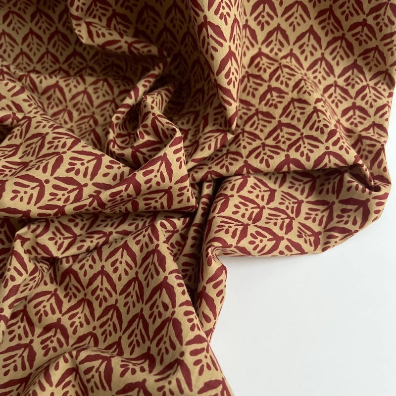 Tissu indien coton hand block traditionnel ocre / bordeau Batikou - 1