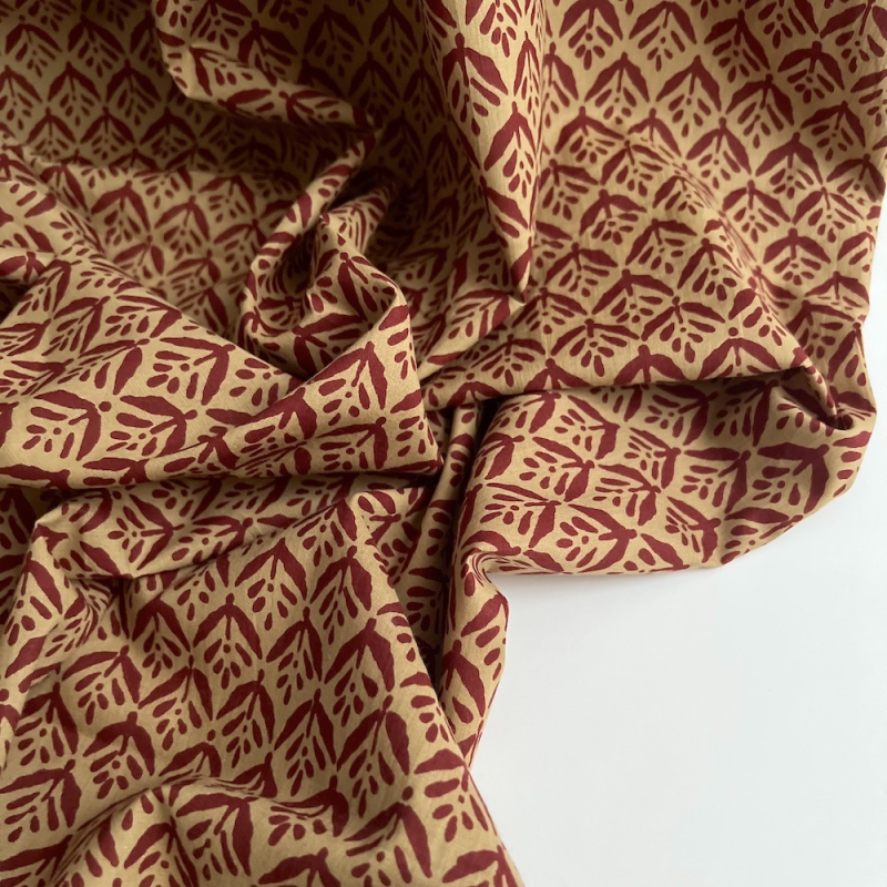 Tissu indien coton hand block traditionnel ocre / bordeau Batikou - 1