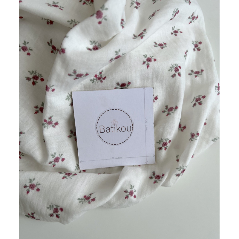 Celine - Double gaze de coton BIO blanc motif fleuri coloris figue Tissus issus de l'agriculture biologique  - 3