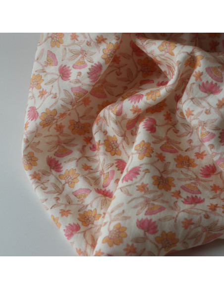 India - Double gaze coton BIO imprimé fleurs indiennes fond écru Tissus issus de l'agriculture biologique  - 1