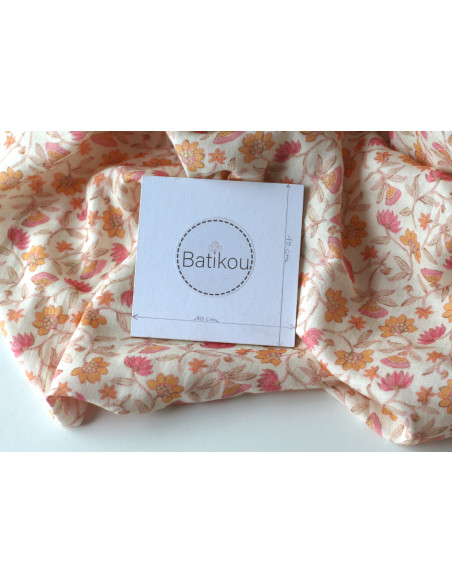 India - Double gaze coton BIO imprimé fleurs indiennes fond écru Tissus issus de l'agriculture biologique  - 8