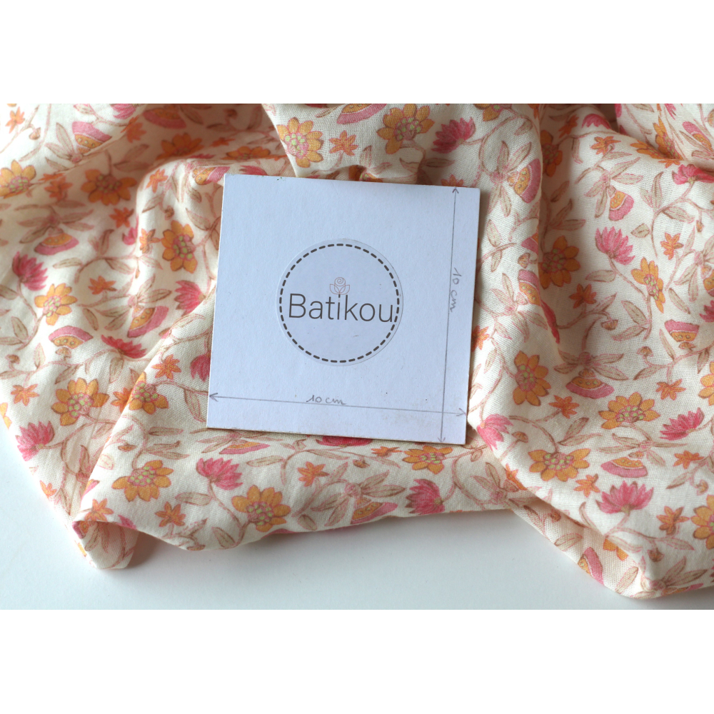 India - Double gaze coton BIO imprimé fleurs indiennes fond écru Tissus issus de l'agriculture biologique  - 8