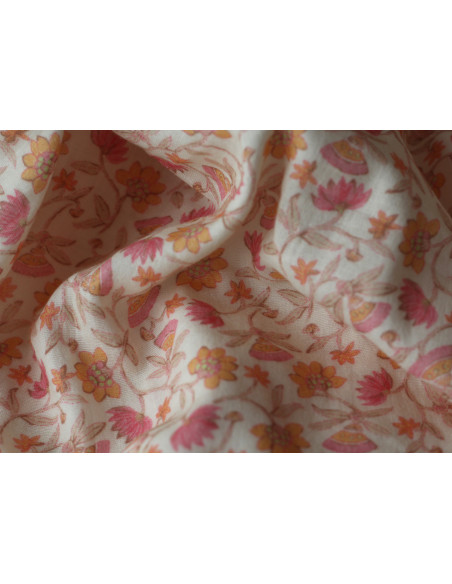 India - Double gaze coton BIO imprimé fleurs indiennes fond écru Tissus issus de l'agriculture biologique  - 4