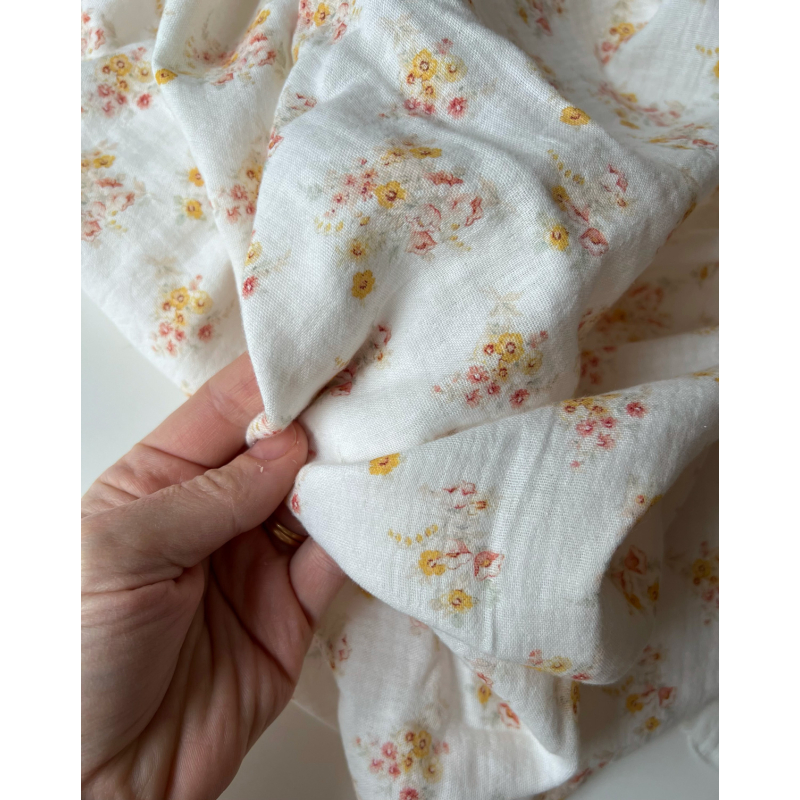 Mariya - Double gaze coton BIO Exclusif blanc motif fleuri Tissus issus de l'agriculture biologique  - 3