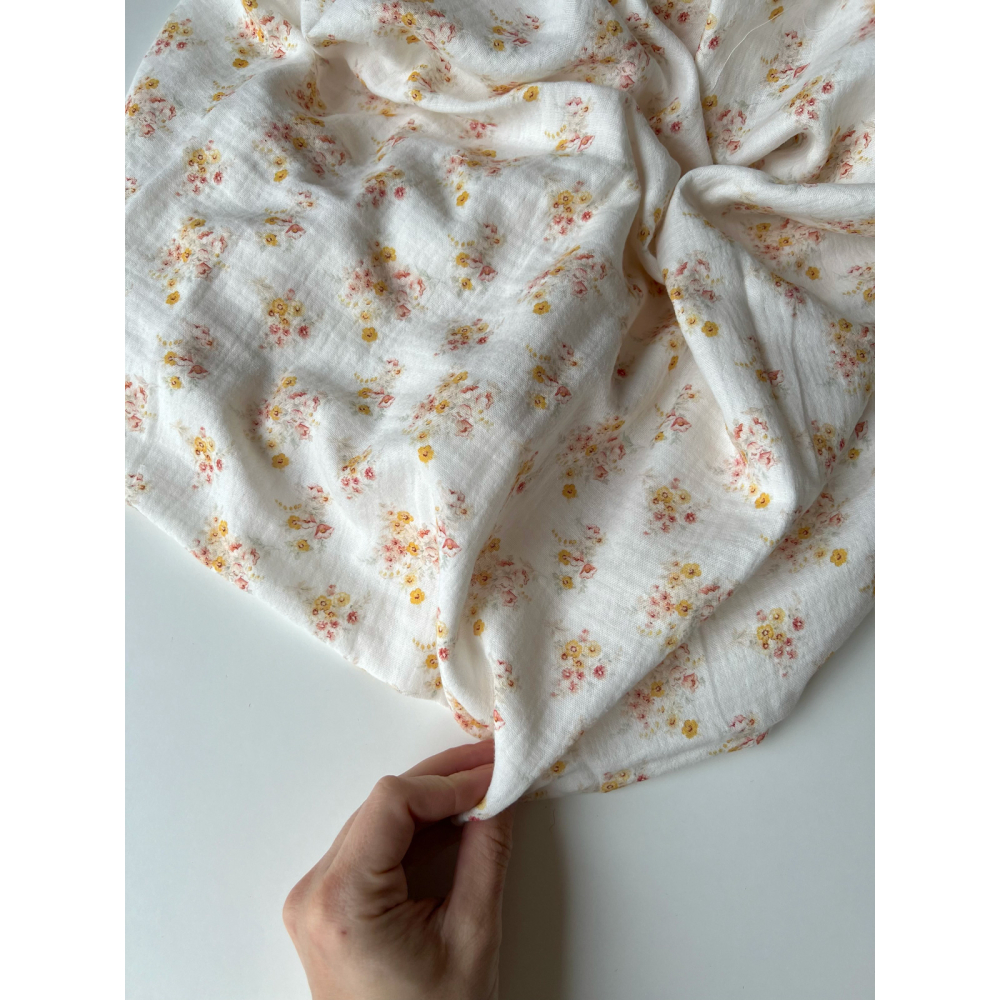 Mariya - Double gaze coton BIO Exclusif blanc motif fleuri Tissus issus de l'agriculture biologique  - 4