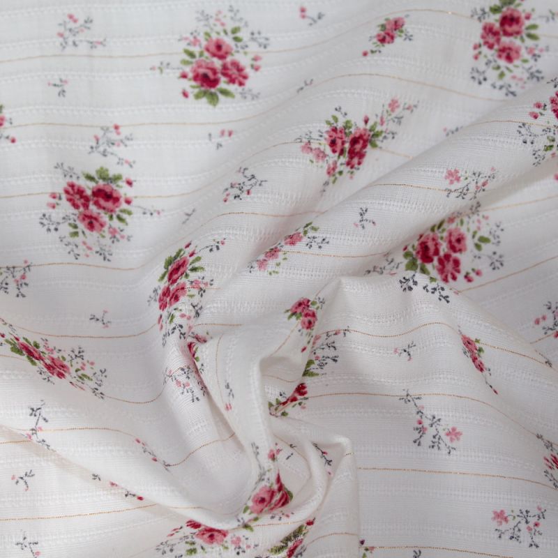Tissu coton texturé / jacquard fleuri rose et lurex