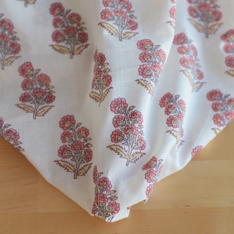 Tissu indien coton hand block traditionnel corail / jaune / vert Batikou - 1