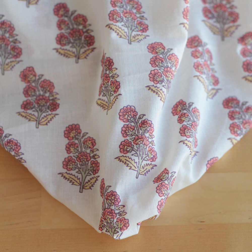 Tissu indien coton hand block traditionnel corail / jaune / vert Batikou - 1