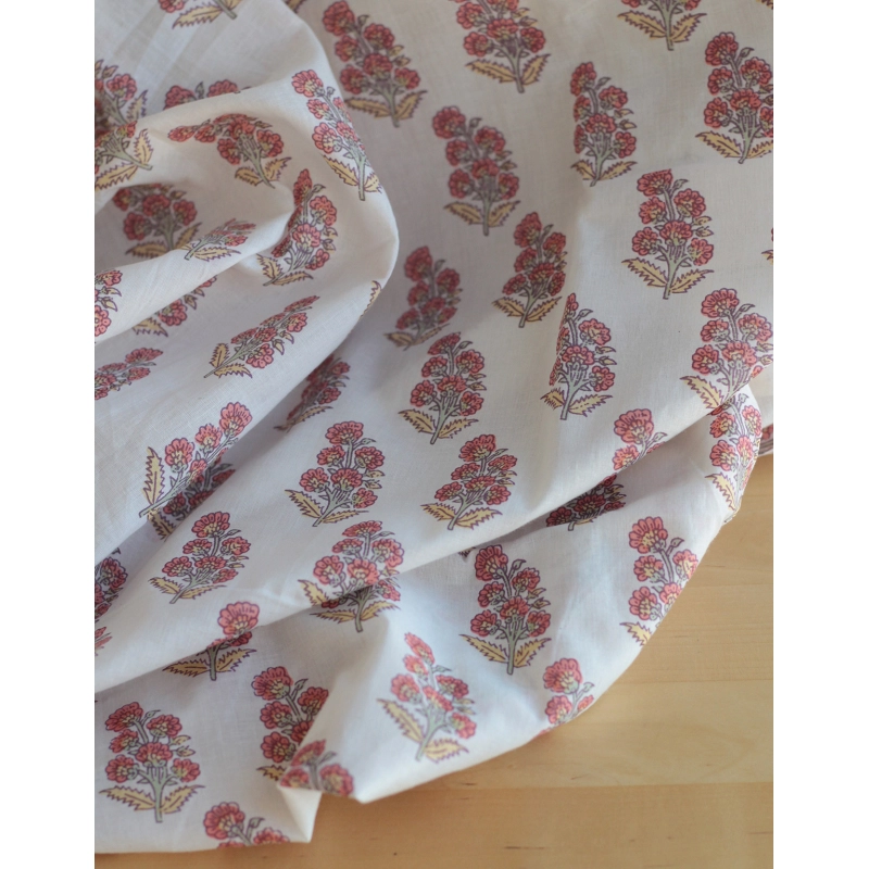 Tissu indien coton hand block traditionnel corail / jaune / vert Batikou - 4