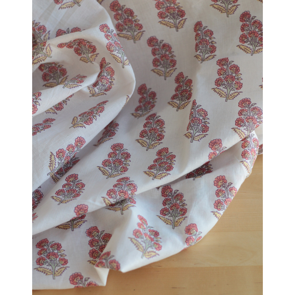Tissu indien coton hand block traditionnel corail / jaune / vert Batikou - 4