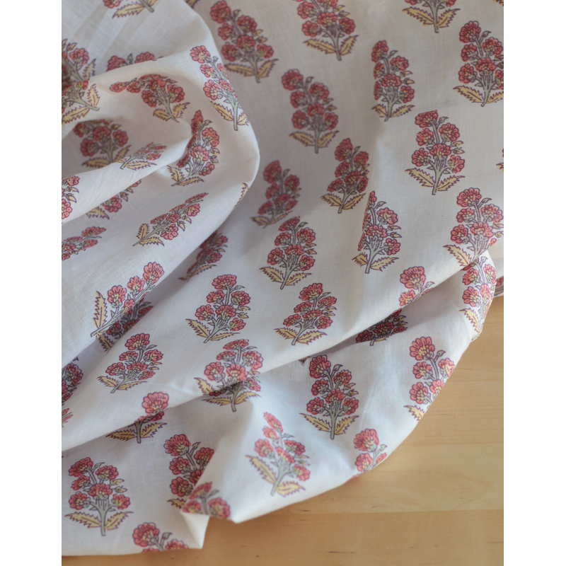 Tissu indien coton hand block traditionnel corail / jaune / vert Batikou - 4