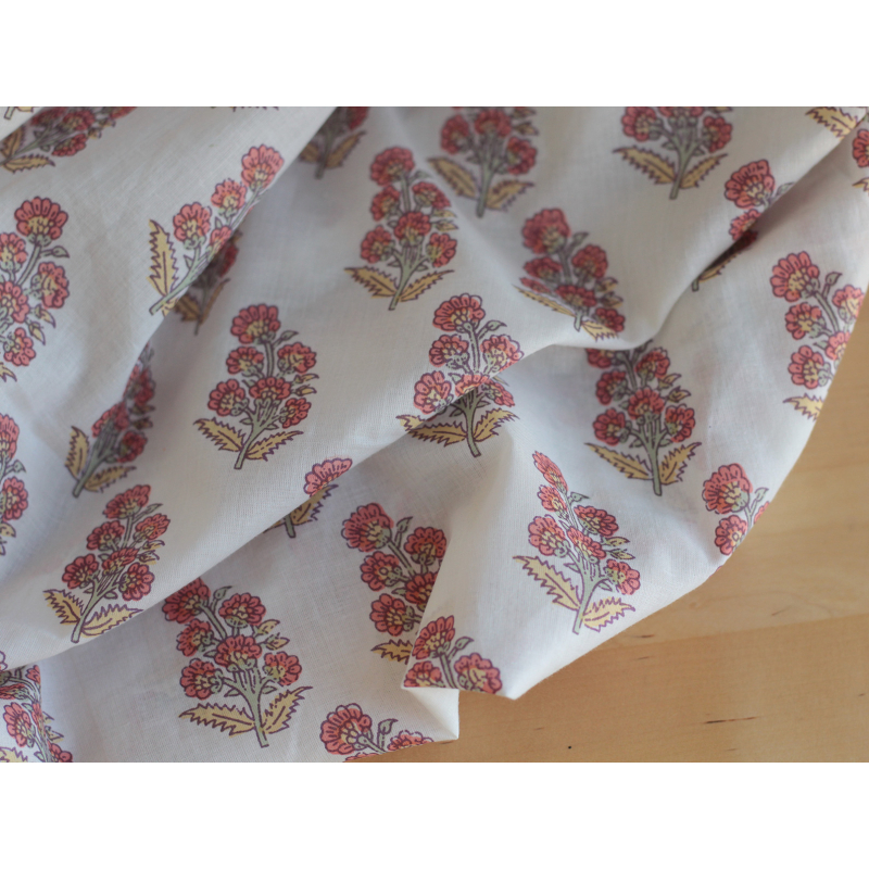 Tissu indien coton hand block traditionnel corail / jaune / vert Batikou - 3