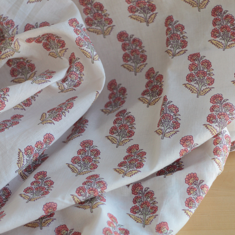 Tissu indien coton hand block traditionnel corail / jaune / vert Batikou - 5