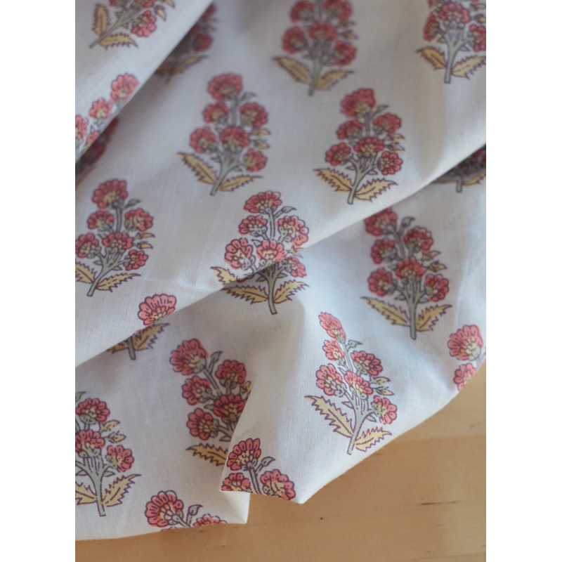 Tissu indien coton hand block traditionnel corail / jaune / vert Batikou - 2