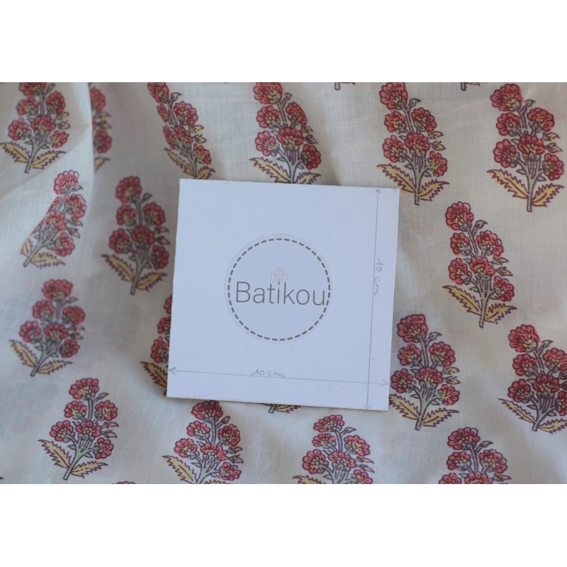 Tissu indien coton hand block traditionnel corail / jaune / vert Batikou - 7