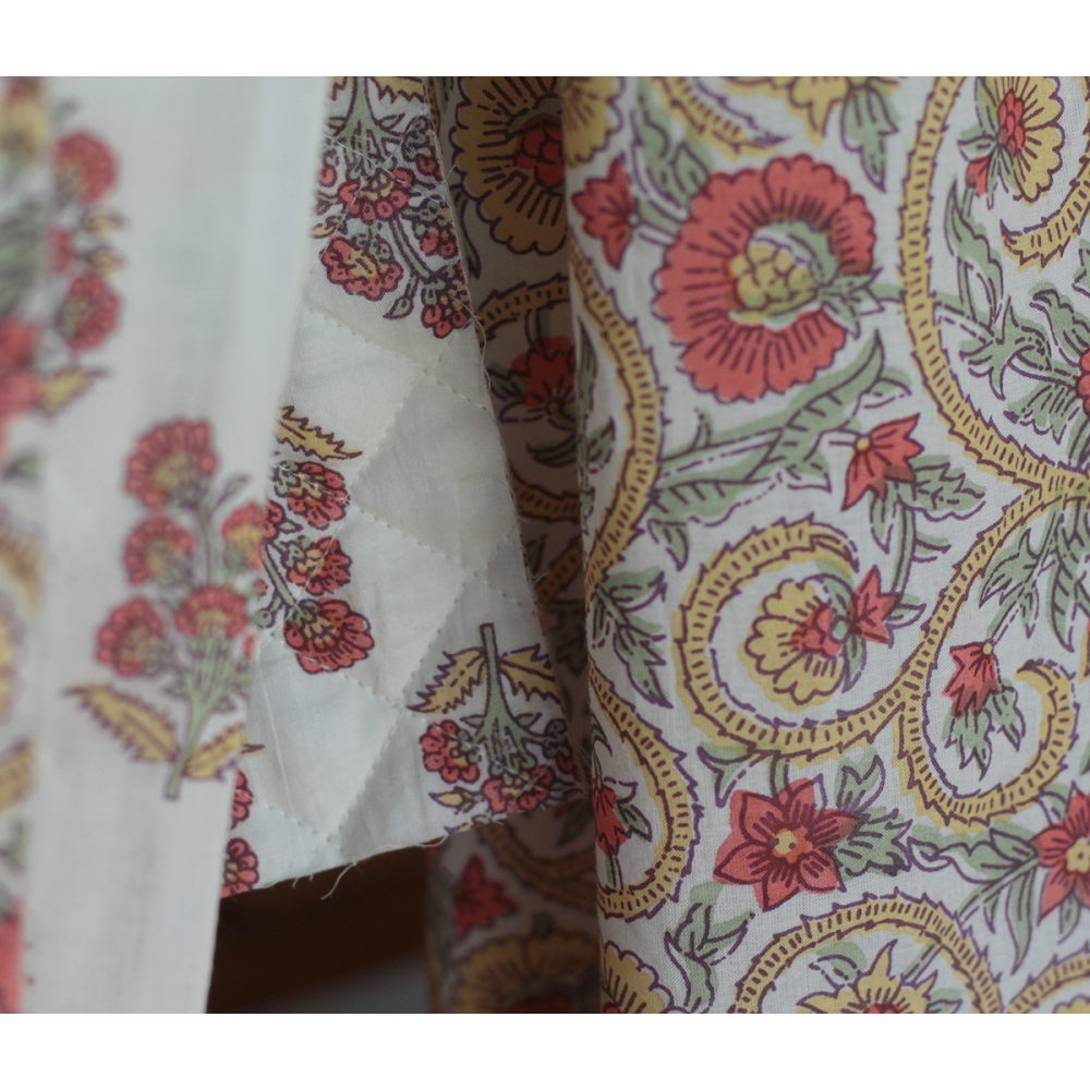 Tissu indien coton hand block traditionnel corail / jaune / vert Batikou - 10