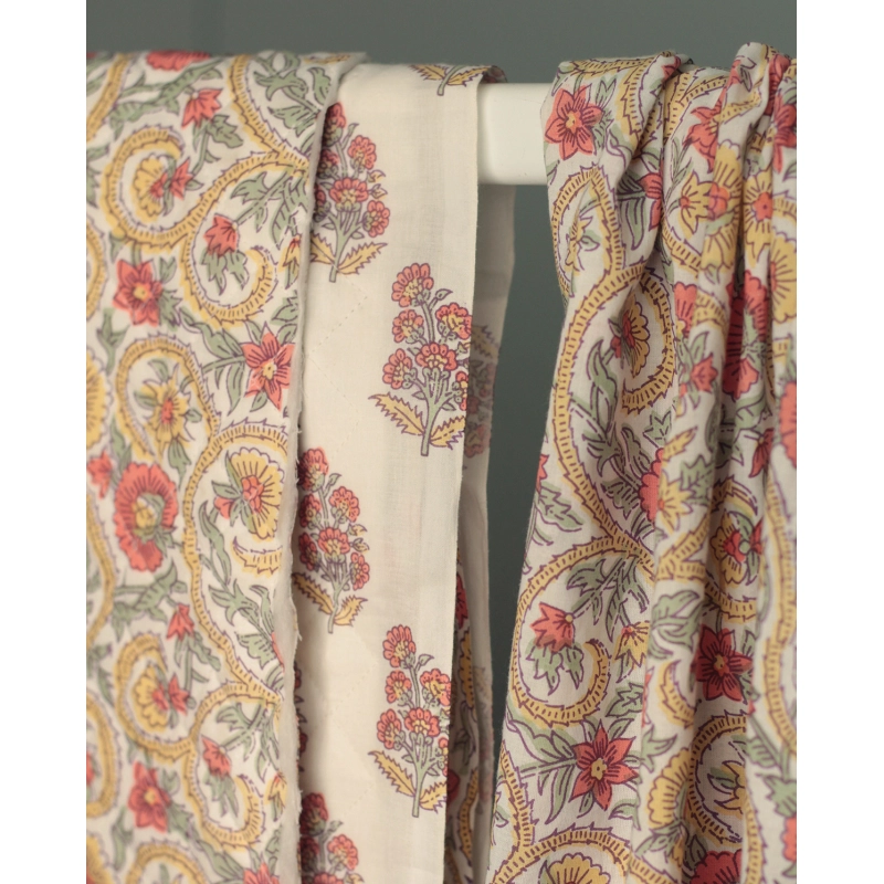 Tissu indien coton hand block traditionnel corail / jaune / vert Batikou - 13