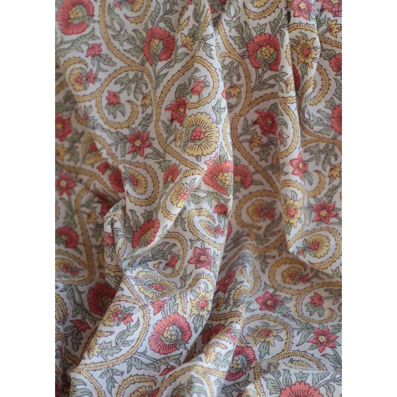 Tissu indien coton hand block traditionnel corail / jaune / vert Batikou - 5