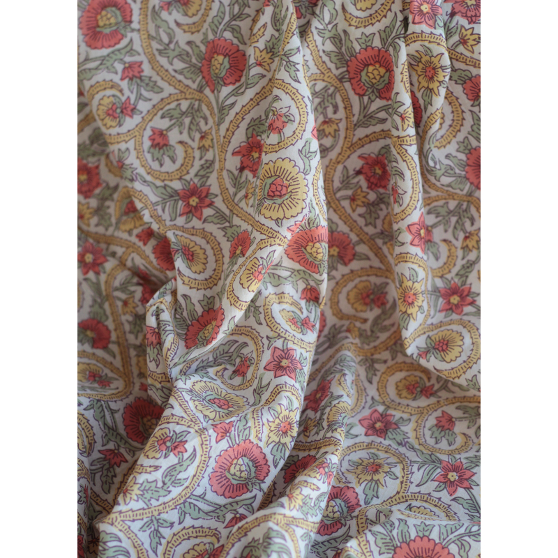 Tissu indien coton hand block traditionnel corail / jaune / vert Batikou - 5