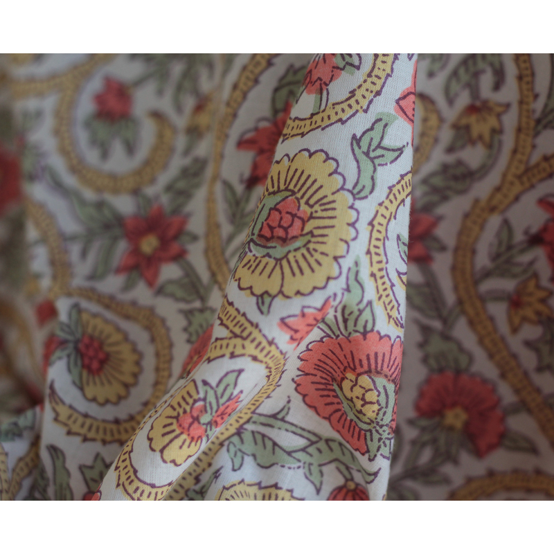 Tissu indien coton hand block traditionnel corail / jaune / vert Batikou - 6