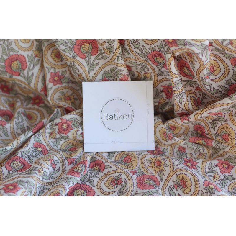 Tissu indien coton hand block traditionnel corail / jaune / vert Batikou - 8