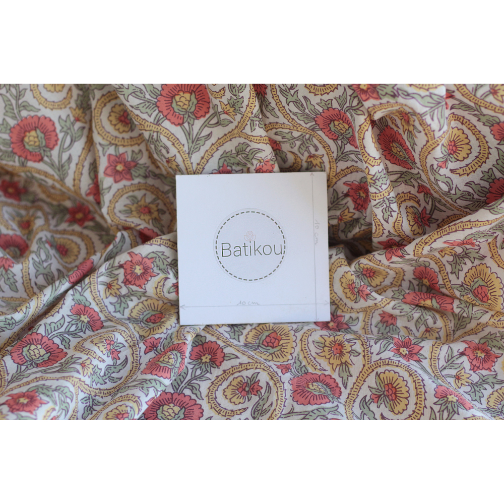 Tissu indien coton hand block traditionnel corail / jaune / vert Batikou - 8