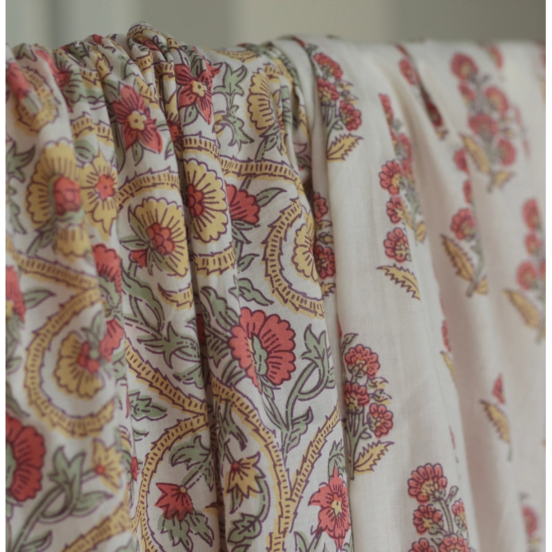 Tissu indien coton hand block traditionnel corail / jaune / vert Batikou - 9