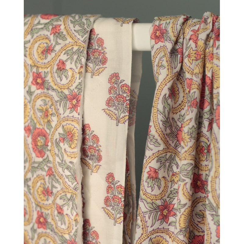 Tissu indien coton hand block traditionnel corail / jaune / vert Batikou - 10