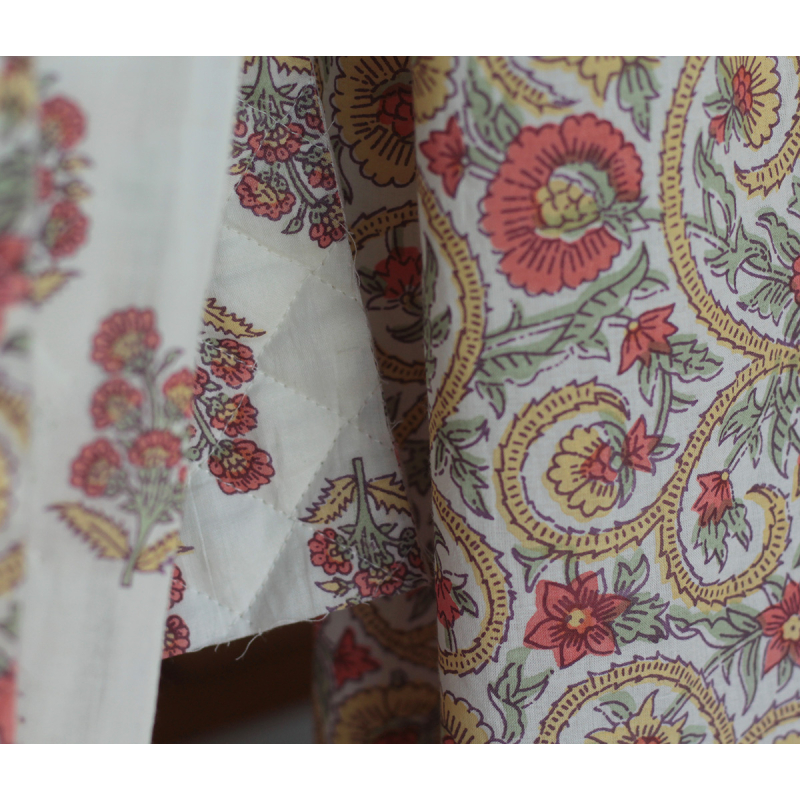 Tissu indien coton hand block traditionnel corail / jaune / vert Batikou - 13