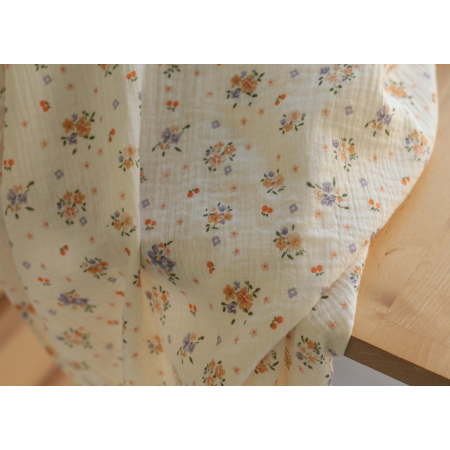 Elise - Double gaze de coton écru imprimé fleuri orange Qualité Oeko-tex - 2
