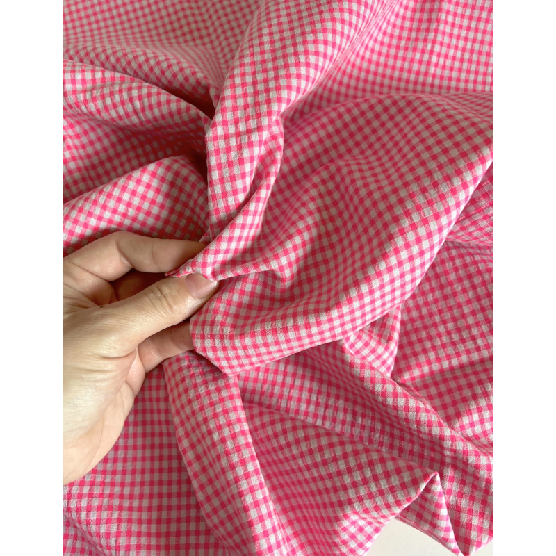 Seersucker / Coton gaufré vichy 3mm mini rose fluo