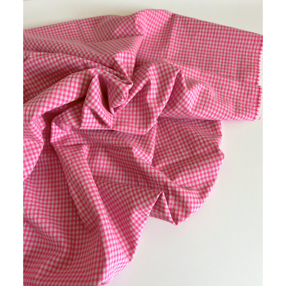 Seersucker / Coton gaufré vichy 3mm mini rose fluo