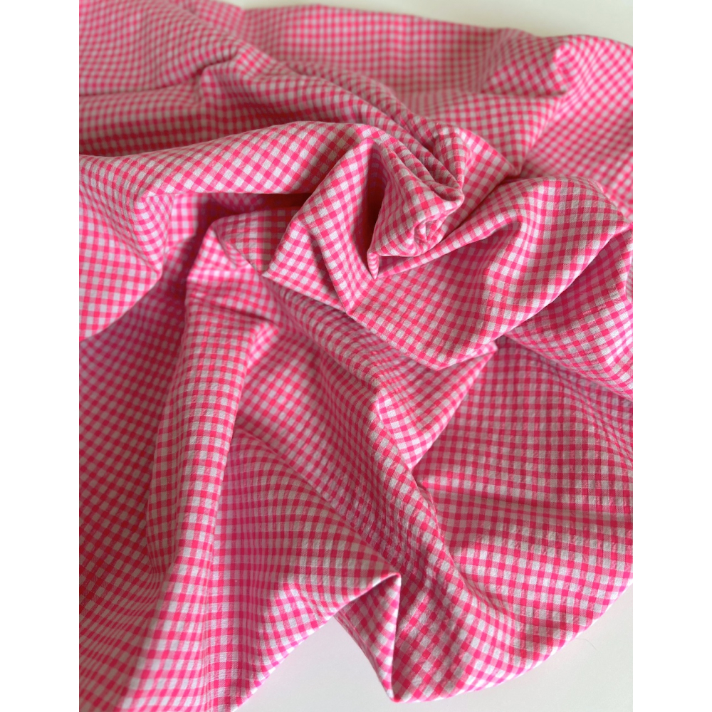 Seersucker / Coton gaufré vichy 3mm mini rose fluo