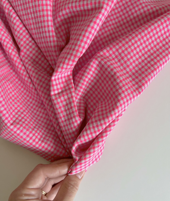 Seersucker / Coton gaufré vichy 3mm mini rose fluo