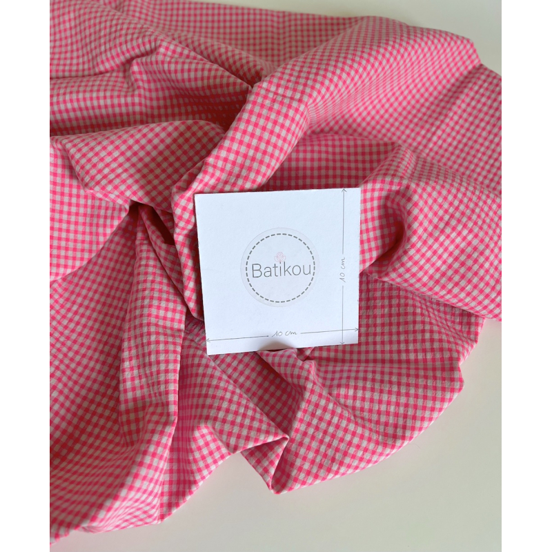 Seersucker / Coton gaufré vichy 3mm mini rose fluo