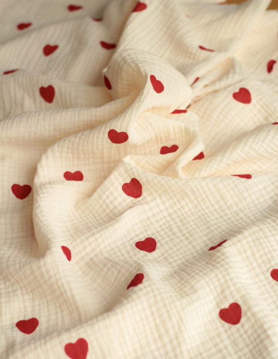 Manou - Double gaze de coton BIO exclusif écru à motif coeurs Tissus issus de l'agriculture biologique  - 3