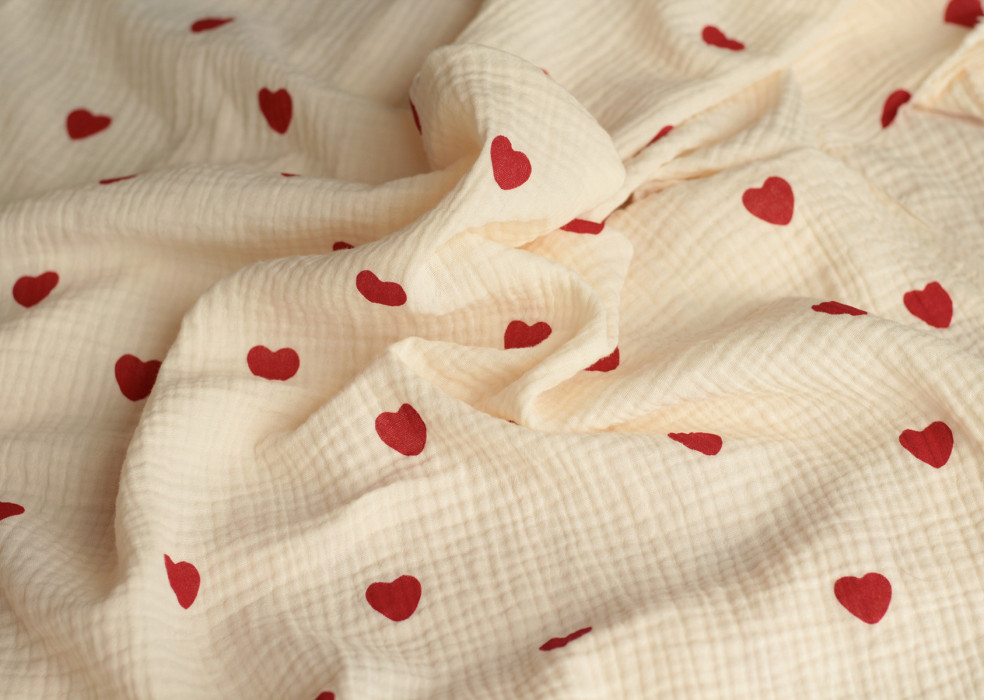 Manou - Double gaze de coton BIO exclusif écru à motif coeurs Tissus issus de l'agriculture biologique  - 4