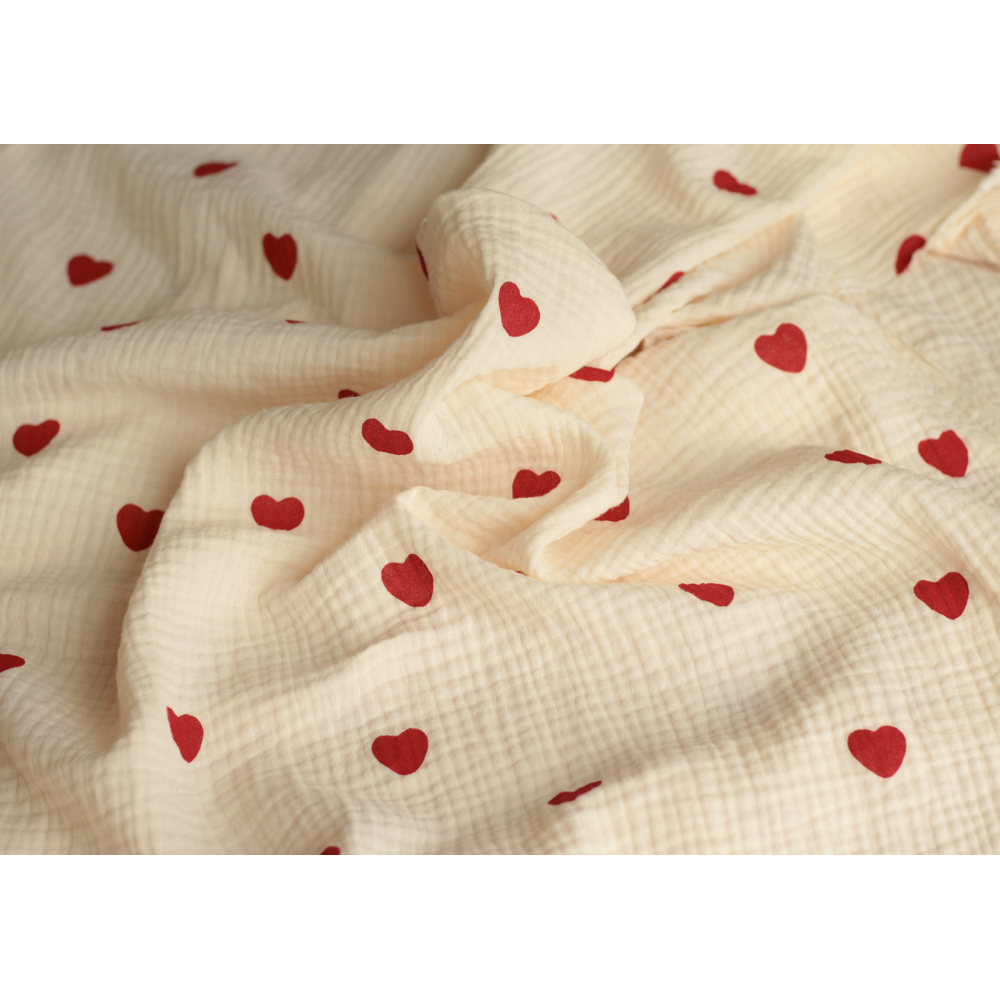 Manou - Double gaze de coton BIO exclusif écru à motif coeurs Tissus issus de l'agriculture biologique  - 4