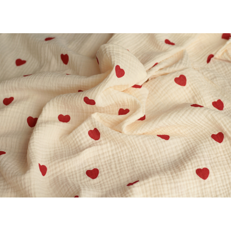 Manou - Double gaze de coton BIO exclusif écru à motif coeurs Tissus issus de l'agriculture biologique  - 4